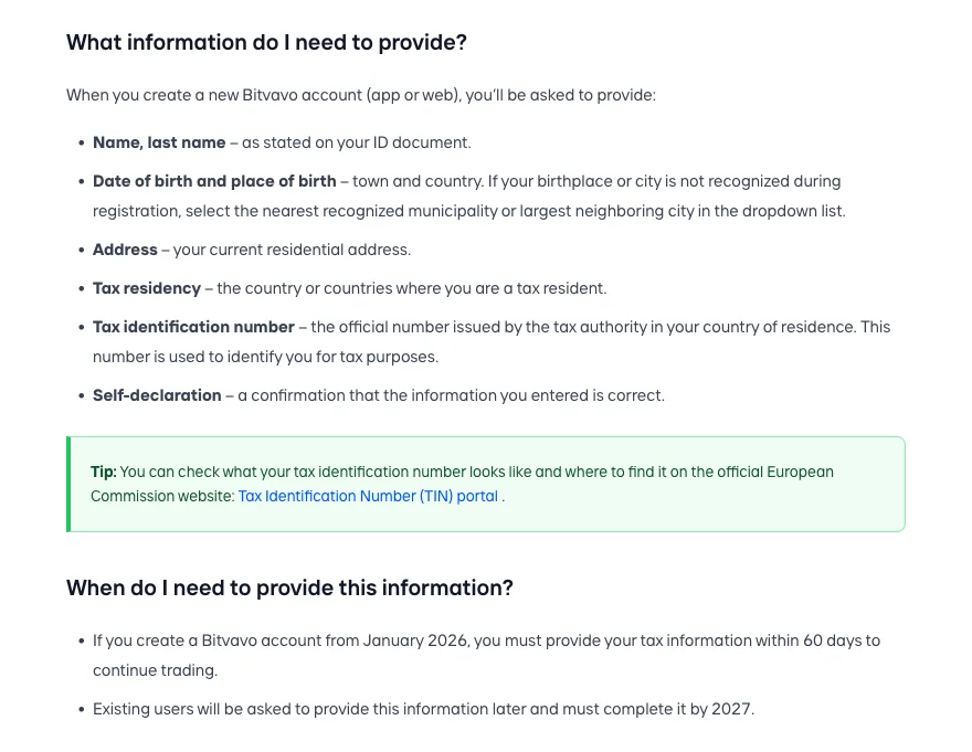Bitvavo help page listing the details a new account provides: name, date and place of birth, address, tax residency, tax identification number and a self-declaration, with a tip pointing to the European Commission's tax identification number portal, and the answer to when: within 60 days from January 2026 to continue trading, and by 2027 for existing users