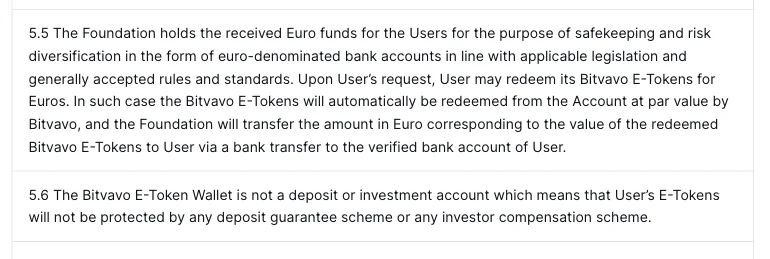 Clauses 5.5 and 5.6 of the Bitvavo User Agreement, stating that the E-Token Wallet is not protected by any deposit guarantee scheme or investor compensation scheme