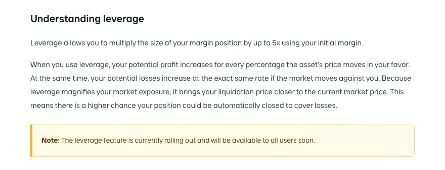 Bitvavo help centre section on leverage stating up to 5x and a note that the leverage feature is currently rolling out