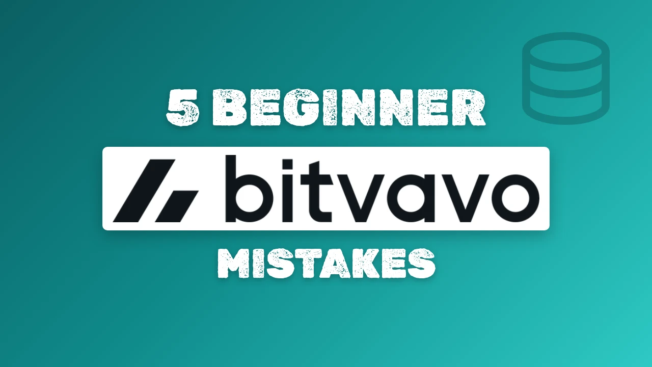 Article cover on a teal gradient with the Bitvavo logo, the headline 5 Beginner Mistakes and a faint stack-of-discs icon