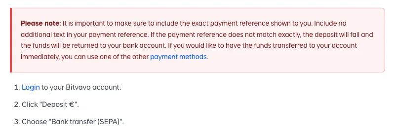 Red note box on Bitvavo's help page for SEPA deposits: include the exact payment reference shown to you, add no additional text, otherwise the deposit fails and the funds are returned to your bank account, followed by the first three steps: log in, click Deposit €, choose Bank transfer (SEPA)