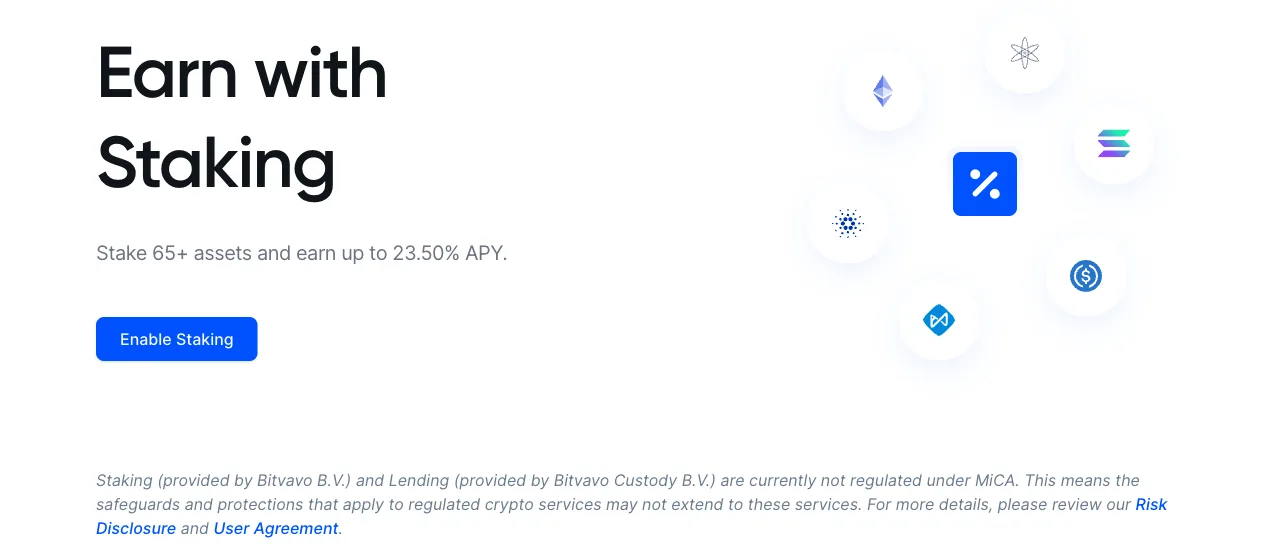 Bitvavo earn page headed Earn with Staking, advertising up to 23.50% APY, with an Enable Staking button, coin icons around a percent symbol and a note that staking by Bitvavo B.V. and lending by Bitvavo Custody B.V. are currently not regulated under MiCA