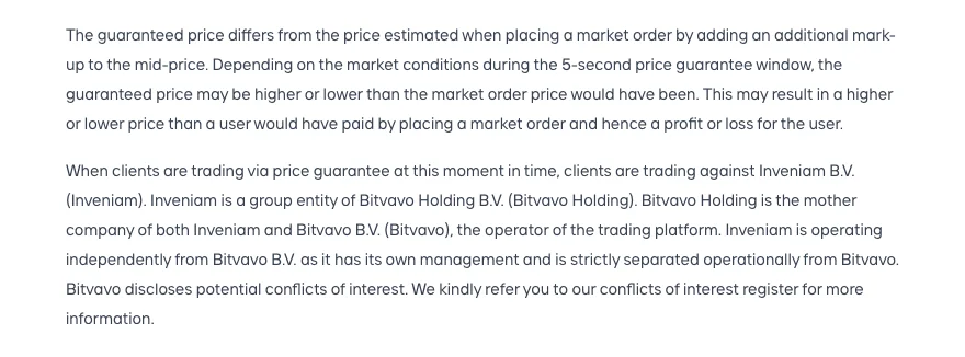 Bitvavo help centre text explaining that the price guarantee adds a mark-up to the mid-price and that clients trade against Inveniam B.V., a group entity of Bitvavo Holding