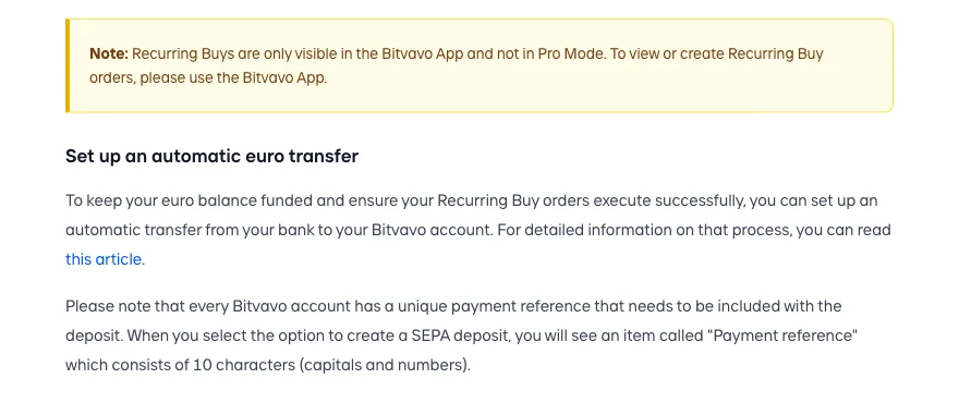 Bitvavo help centre note that Recurring Buys are only visible in the app and not in Pro Mode, followed by advice to set up an automatic euro transfer