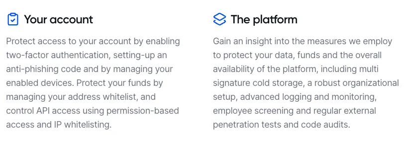 Two tiles from Bitvavo's security page: protecting account access with two-factor authentication, an anti-phishing code and device management, and platform measures such as multi-signature cold storage and external penetration tests