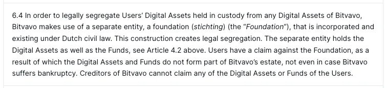 Clause 6.4 of the Bitvavo User Agreement in its standard version: a Dutch foundation holds the users' digital assets and funds, users have a claim against it, and Bitvavo's creditors cannot claim these assets