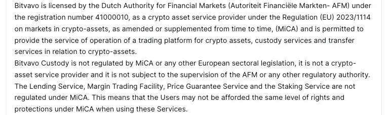 Opening of the Bitvavo User Agreement: the AFM registration number 41000010, the note that Bitvavo Custody is not regulated by MiCA and the sentence that lending, margin trading, price guarantee and staking are not regulated under MiCA